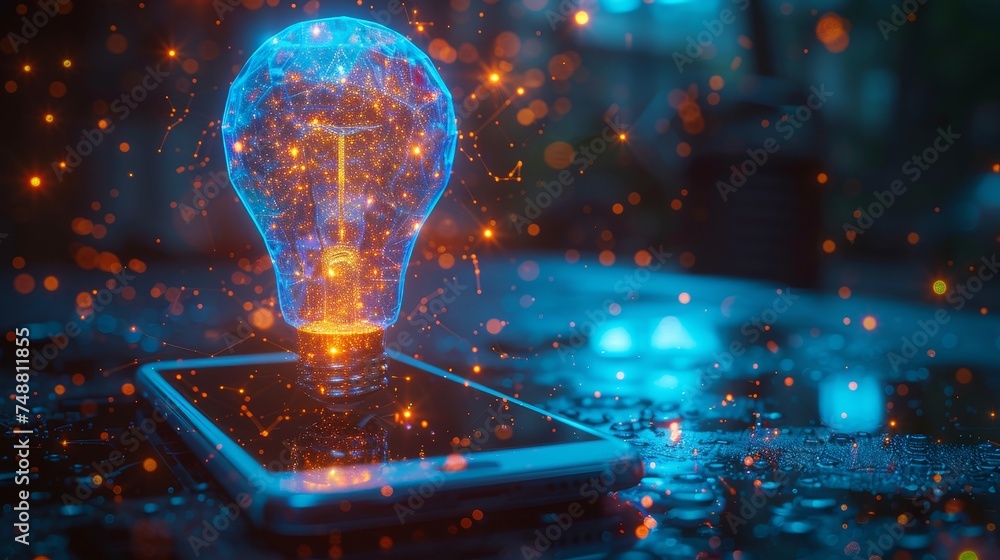 Aufkleber Isolated  illustration of an abstract blue mobile phone with white screen and hologram light bulb. This is a low poly style design with a geometric background. The wireframe light connection is
