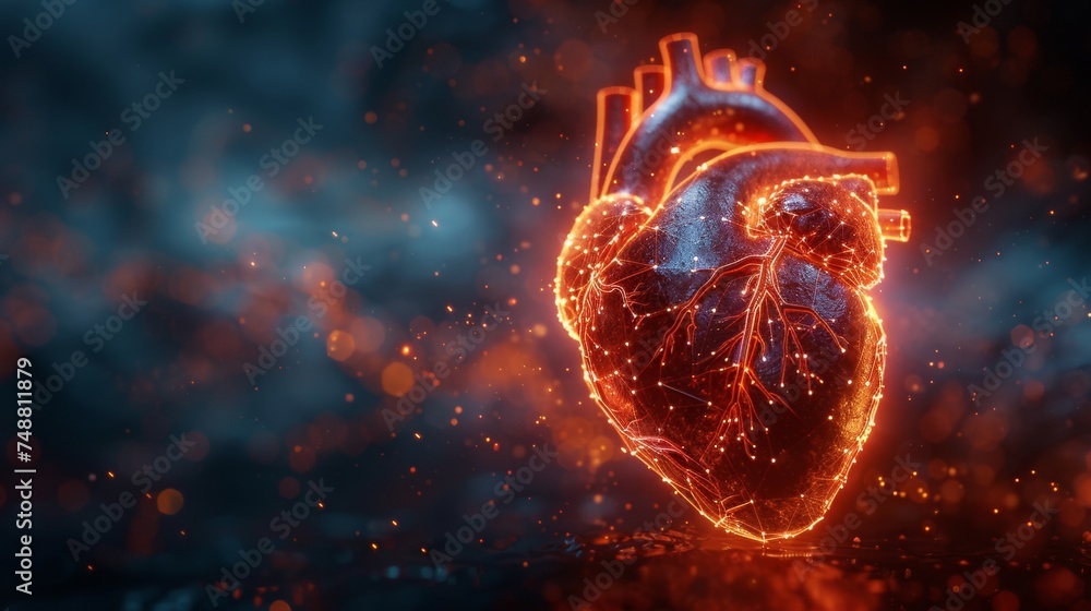 Fototapete an abstract heart shape with a red cardio pulsating line. abstract geometric background. wireframe l