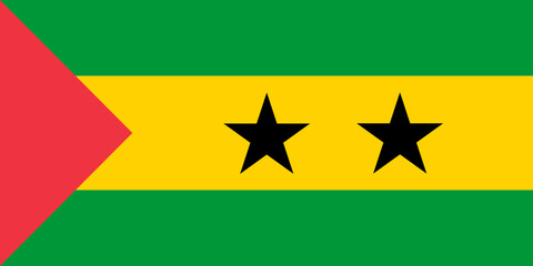 Close-up of red, green, yellow and black national flag of African country of São Tomé and Príncipe with black stars. Illustration made March 1st, 2024, Zurich, Switzerland.