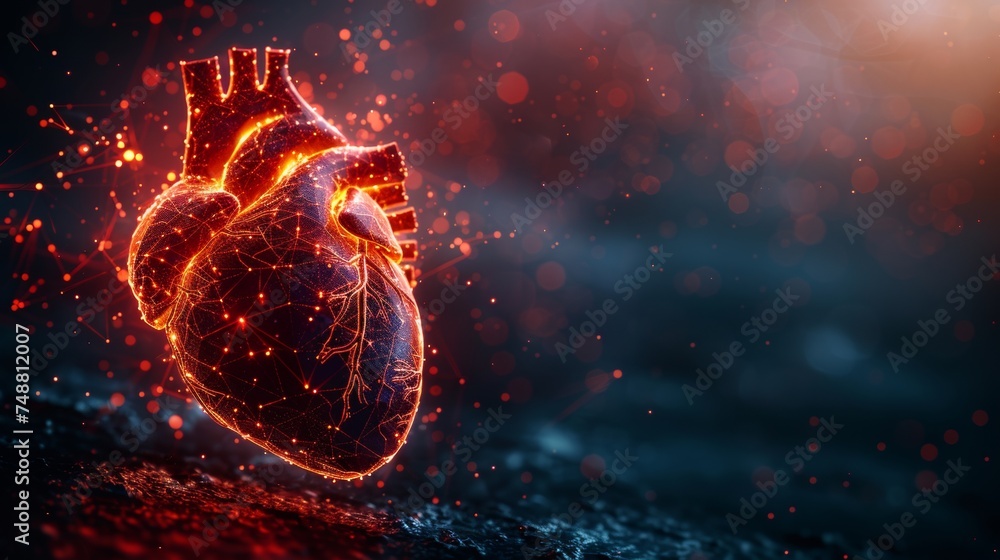 Poster human heart. low poly style design. geometric background. wireframe light connection structure. mode