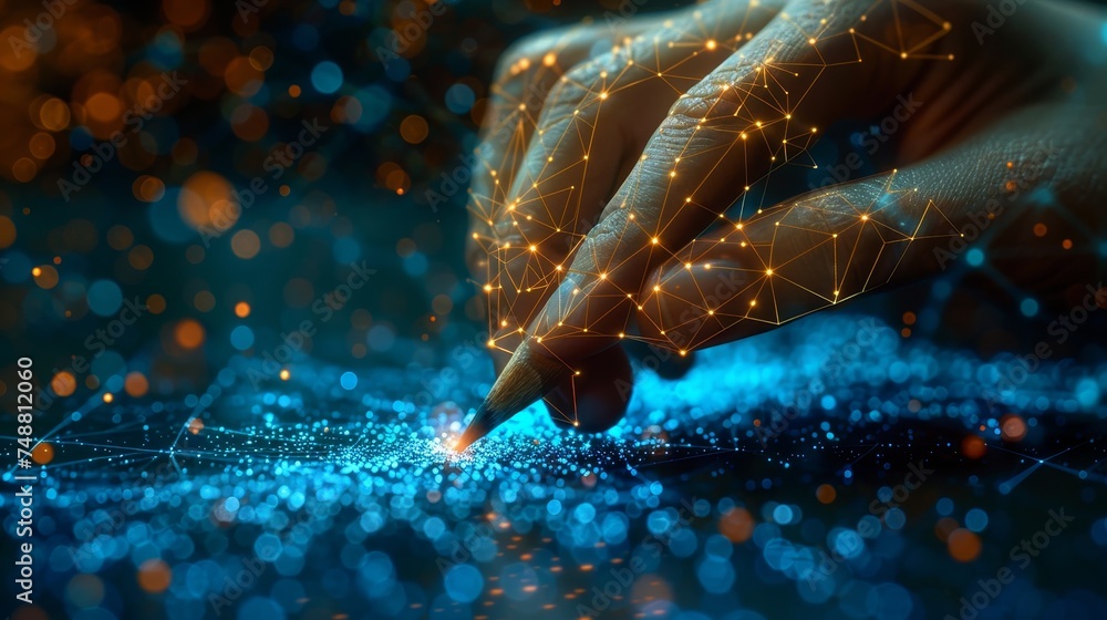 Leinwandbilder illustration of abstract child's handwriting in pencil on a low poly graphics background. abstract g