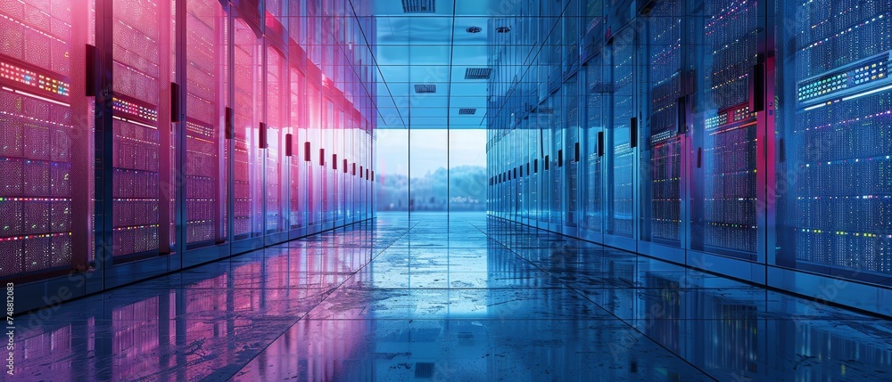Aufkleber A data center or cloud storage concept. Abstract interior design of server room. Digital electronic equipment in a futuristic setting. Data spheres hanging over the floor.