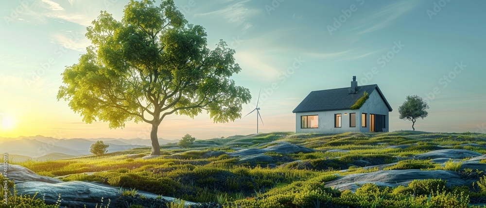 Poster abstract 3d design for a rural house with wind turbines. renewable energy concept. low poly style. g