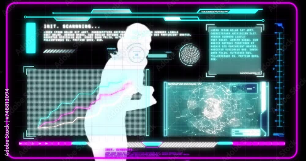 Poster animation of screens with data processing over woman running on dark background