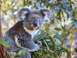 Obraz premium A koala sits on a branch, bathed in the soft golden light of the sun, looking calmly forward.