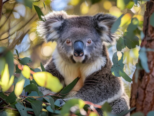 Fototapeta premium A koala perched in a eucalyptus tree, gazing into the camera., surrounded by a dappled sunlight canopy.