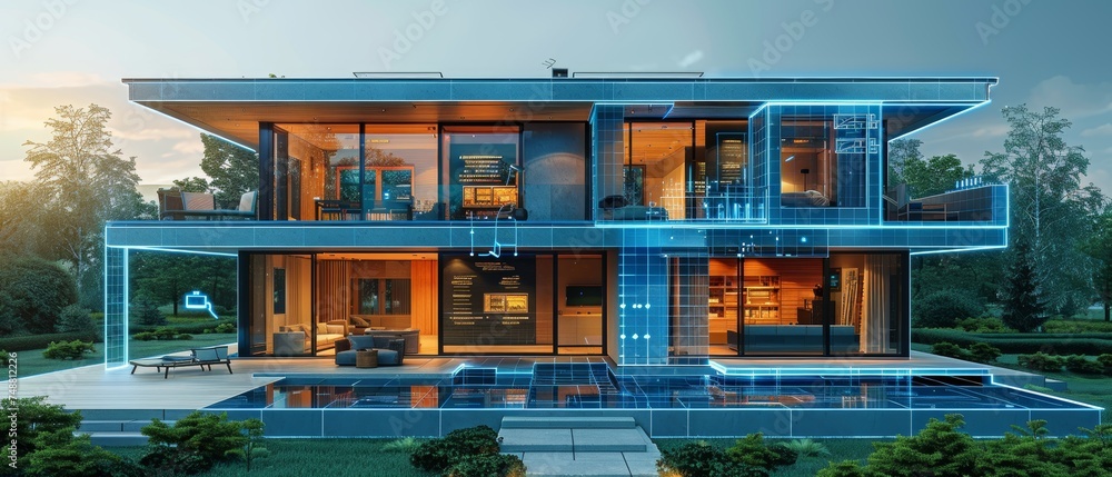 Poster An illustration of a 3D blueprint of a smart home with icons indicating IOT devices. Smart home concept banner. Engineering house system with IOT. System controls domestic appliances via remote