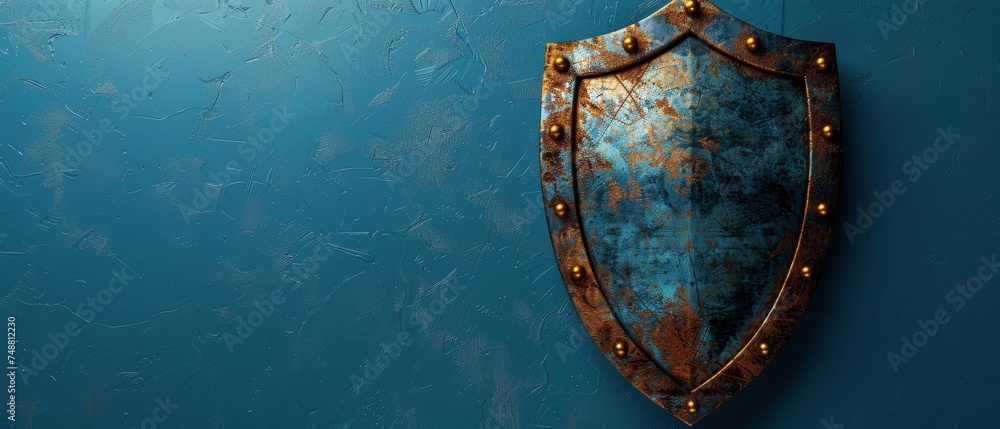 Poster abstract 3d shield isolated on blue. security concept for data, business, systems, web and insurance