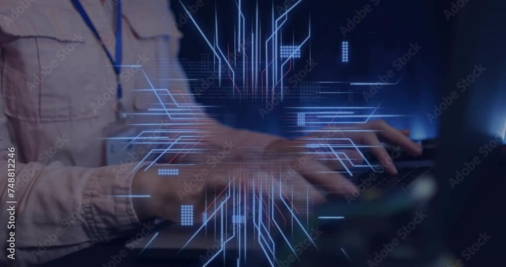 Poster animation of circuit board with data processing over caucasian woman using laptop