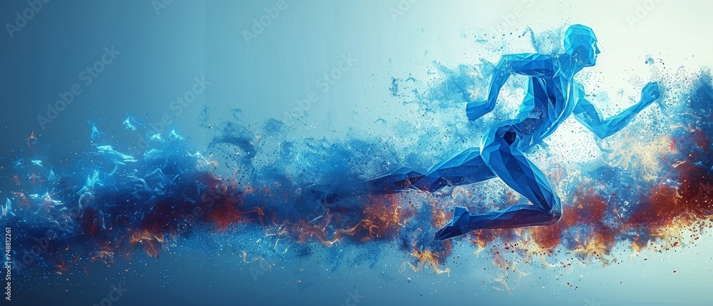 Poster Man running from abstract polygonal blue. Low poly man in motion.