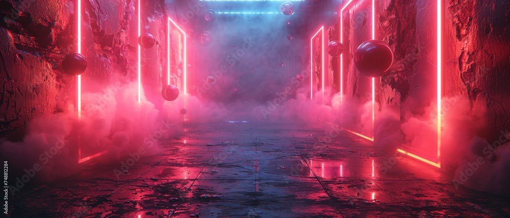 Leinwandbilder neon rectangle glowing frame in dark cyberspace with hanging 3d spheres. abstract tech square border