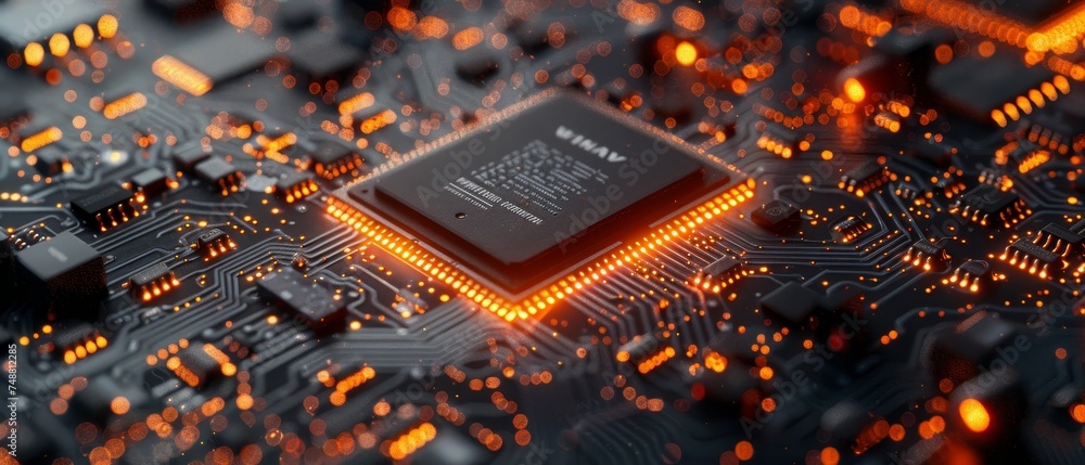 Poster The CPU of a phone. Microchips and SMD components on the circuit board or motherboard. Parts of a smartphone to repair. Development of a microcontroller for electronic devices. 3D rendering of