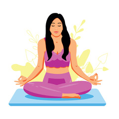 A brunette woman in a pink uniform does yoga while sitting in the lotus position. Take care of your mental health. Illustration for international yoga day. Element for web design, postcards.