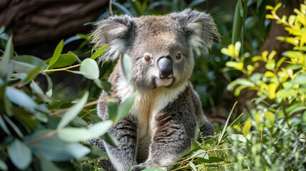 Obraz premium A koala sits on a branch, bathed in the soft golden light of the sun, looking calmly forward.