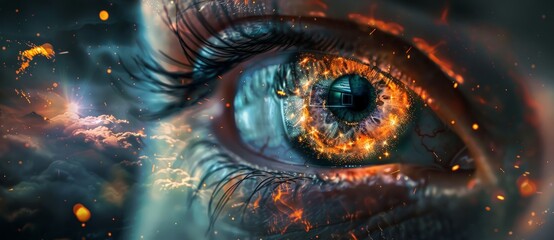 A detailed view of an eye with dazzling, luminous lights shining directly onto it, creating a striking visual impact. Human look into technology world.
