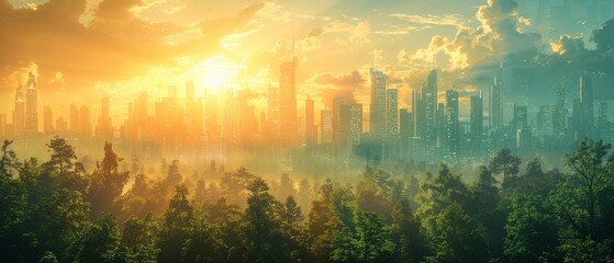On the horizon, a smart city with clear skies. View from a forest. Glass skyscrapers in the sun. A futuristic urban landscape with clear skies.