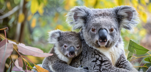 A koala mother and her joey share a tender moment, nestled in an eucalyptus tree.
