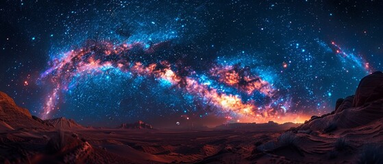 Stunning panorama view of Milky Way galaxy with stars amidst night sky. Milky Way is the galaxy containing our solar system.