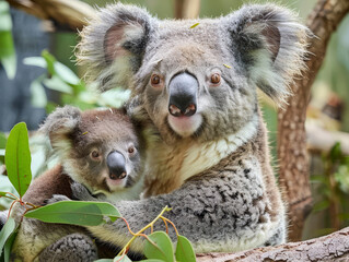 A koala mother and her joey share a tender moment, nestled on a branch of an eucalyptus tree.