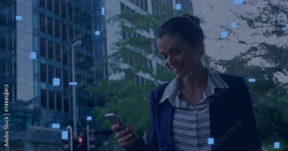 Aufkleber animation of circuit board with data processing over biracial businesswoman using smartphone