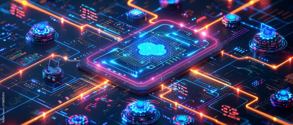 Aufkleber Network technology, digital infrastructure as part of an IT business. Computer network technology illustrated as an isometric image of a laptop with software code on the screen, internet communication
