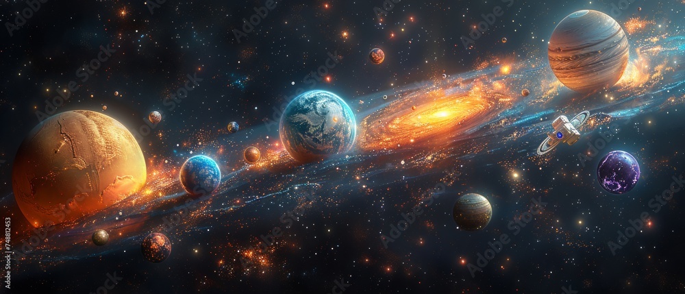 Poster elements that make up the solar system's planets.