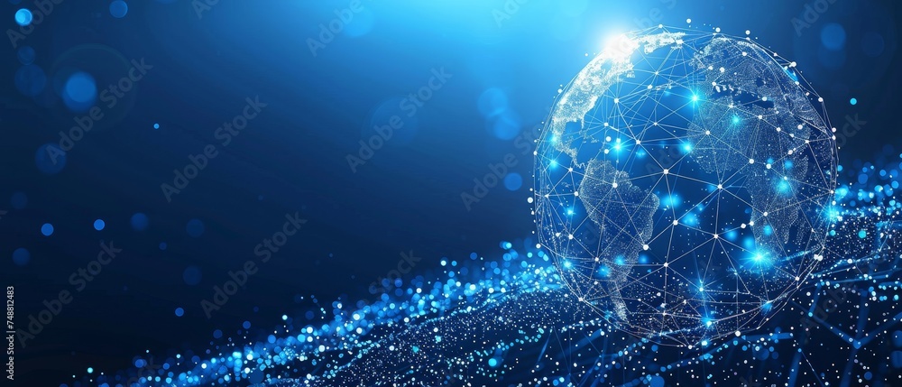 Poster a futuristic illustration of a low polygonal space planet earth, connected by connected dots and lin