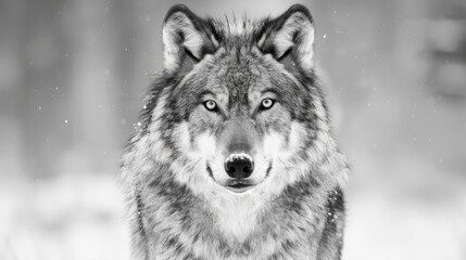 Naklejka premium Monochrome close-up of a wolf in the snow