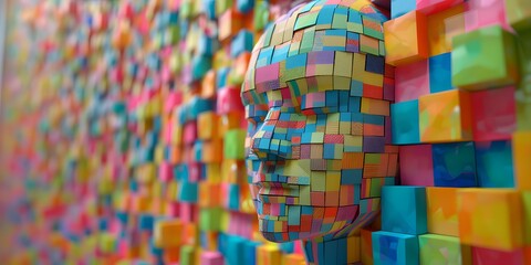 World Autism Awareness Day,banner,Multicolored human head made of multicolored cubes,place for text,concepts of inclusivity, diversity, awareness and help, mental illness and brain diseases