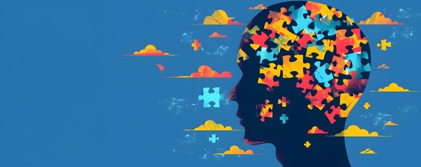 World Autism Awareness Day,banner,silhouette human head on blue background consisting of pieces of colorful puzzles,place for text,concepts of inclusivity, diversity,awareness and help,mental illness
