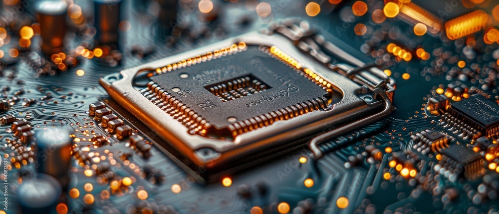 Poster an electronic board or motherboard with a cpu chip or processor, memory board, gpu, coolers, and oth