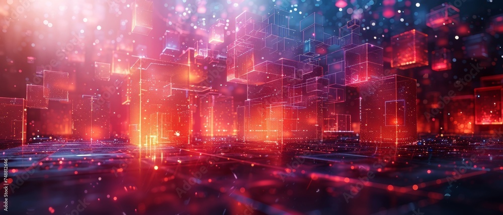 Poster A modern abstract background with geometric shapes and a circle chart surmounted by a glass table with neon lines. A futuristic fintech concept of analysis datum.