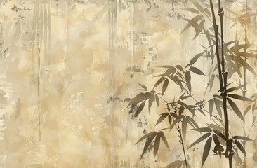 A realistic painting of a bamboo tree on a neutral-colored wall, showcasing intricate details and vibrant green hues.
