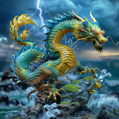 Fototapeta na wymiar Blue Dragon, Guardian God of Water, generative AI 