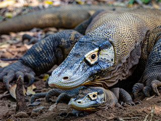 Obraz premium Two Komodo dragons rest together in their natural habitat, exuding a sense of calm and power.