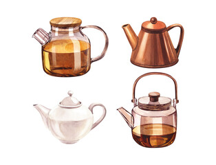 Collection of the teapots of tea. Set ceramic, copper and glass teakettle. Watercolor hand-drawn illustration isolated on white background. Perfect for recipe lists with drinks, brochures for cafe