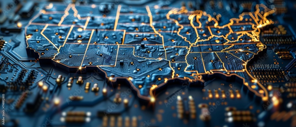 Wall mural Circuit USA on an electronic circuit board with a CPU or chip processor. USA technology background. Microelectronic industry. 3D rendering.