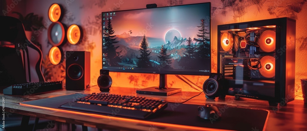 Poster an online video game interface on your pc screen. a powerful gaming computer or gamer rig with compu