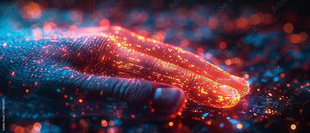Leinwandbilder Fingerprint authorization in banking apps. Identifying a person in internet services. Accessing the internet with biometrics. Scanner scanning the index finger on a user's hand.
