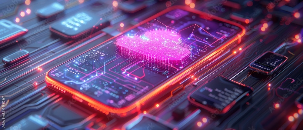 Poster Smartphone isometric concept, mobile phone communication with internet services worldwide, big data, cloud computing, neural networks and phone app development.