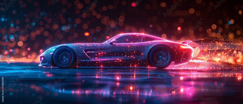 Poster fast wireframe concept of a sport car shaped like a starry sky or space. consisting of points, lines