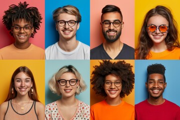The collage depicts a group of ten happy carefree millennials with a variety of ages, and the person is flying in the air over a color background, following a sale, on a sunny summer day. - obrazy, fototapety, plakaty