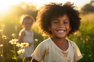 Smiling children in a field with golden hour light - obrazy, fototapety, plakaty