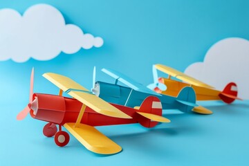 A colorful paper airplane looks real against a bright background. Handmade hobby, delivery or travel concept	
