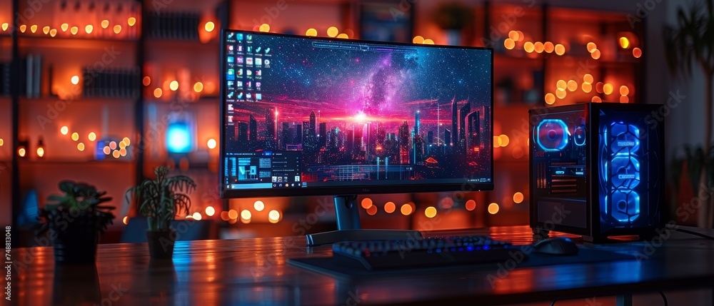 Poster Computer case of a gaming PC with monitor, keyboard, and mouse empty on desk of modern desktop computer. Abstract interfaces of programs on desktop computer. Concept of computer technology.