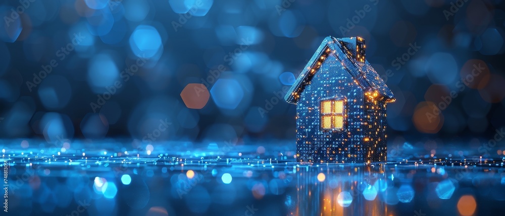 Aufkleber icon of abstract house behind blue futuristic guard shield. home insurance concept. low poly style. 