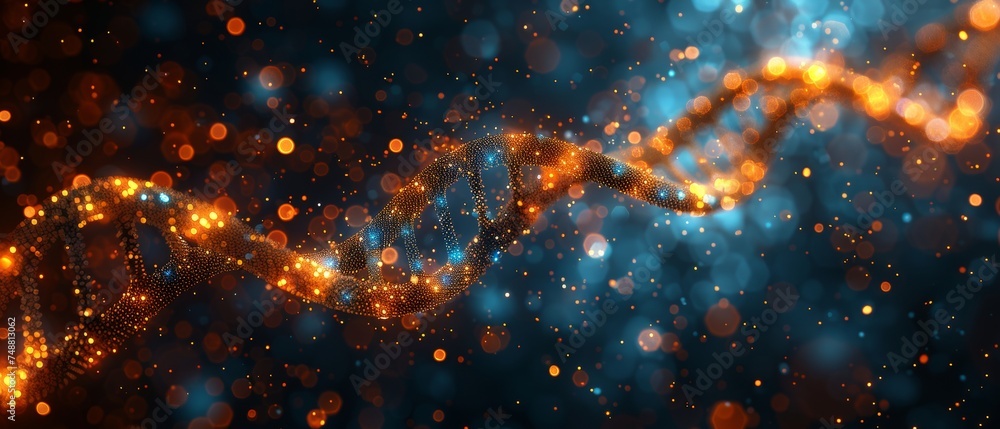 Aufkleber Polygonal wireframe of DNA with a golden dust effect. Glittering  with gold particles. Science concept from dots and lines.