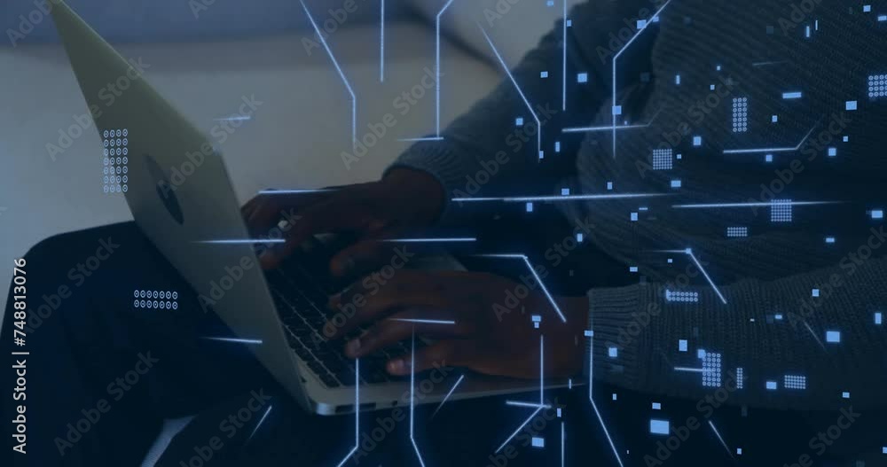 Poster animation of circuit board with data processing over caucasian man using laptop