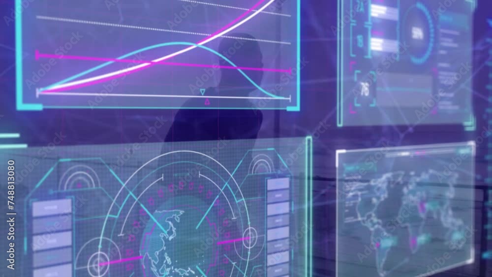 Poster animation of screens with data processing on dark background
