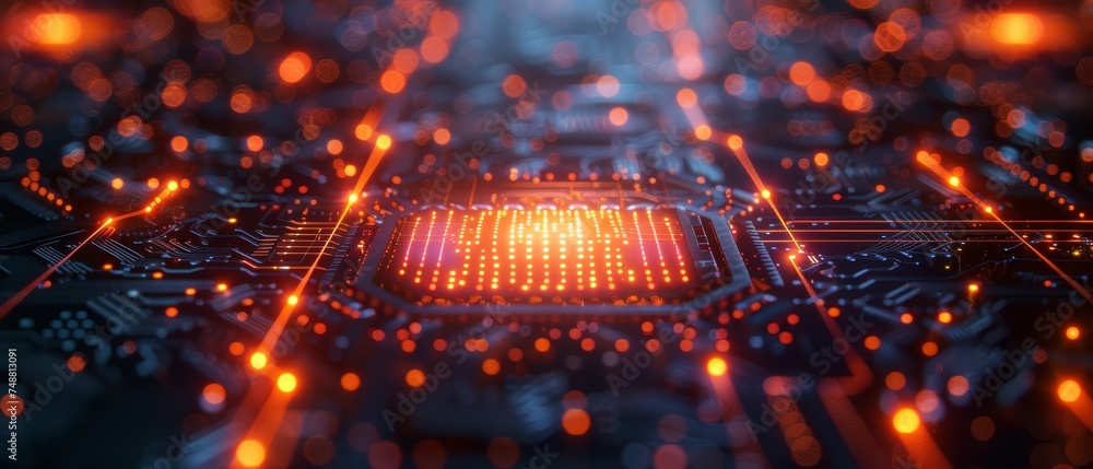 Poster Computing with quantum rays. Close-up of optical chip processing light signal. Quantum computer with glowing qubits. Abstract background technology.